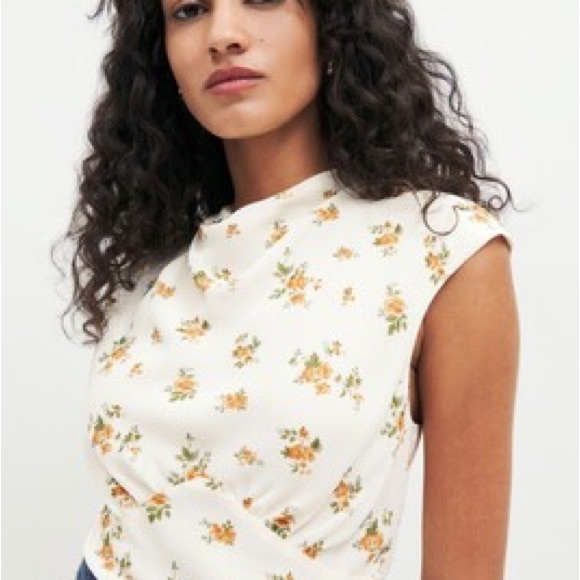 Reformation Size 8 Bettie Floral Cap Sleeve Mock Neck Top Yellow Cream - Picture 4 of 9